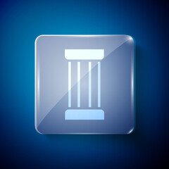 White Ancient column icon isolated on blue background. Square glass panels. Vector.
