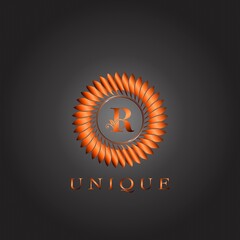 Brown Circle Feather Luxury Floral Initial R Letter Logo Design. Elegance Monogram unique indian emblem ornate nature floral leaf with initial letter logo.