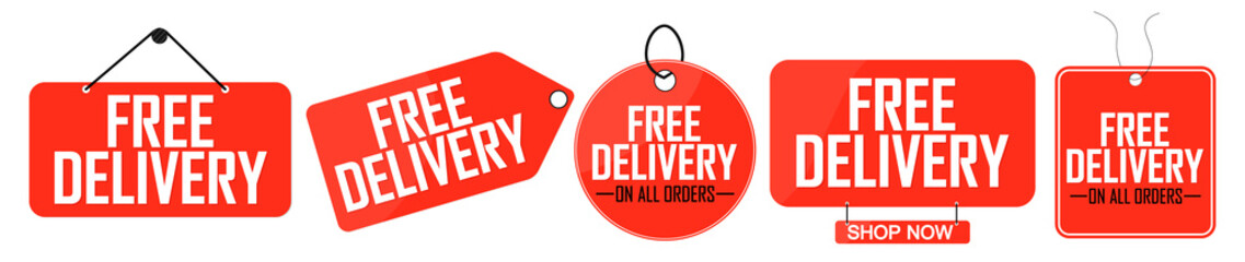 Set Free Delivery tags, promo banners design template, vector illustration