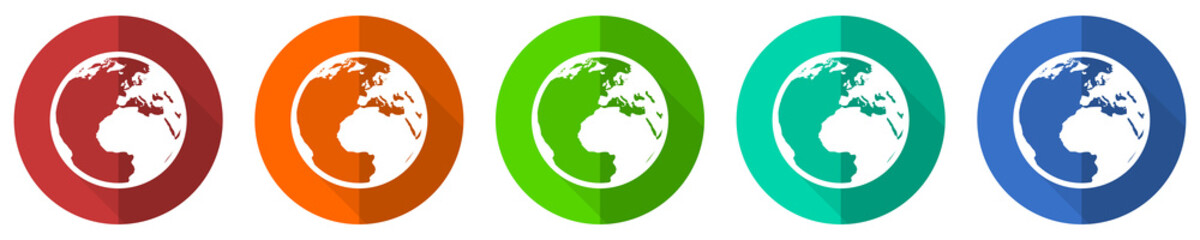 Earth icon set, red, blue, green and orange flat design web buttons isolated on white background, vector illustration