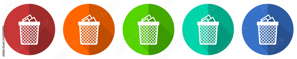 Poster trash, can icon set, red, blue, green and orange flat design web buttons isolated on white backgroun