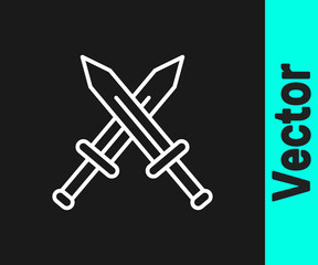 White line Crossed medieval sword icon isolated on black background. Medieval weapon. Vector.
