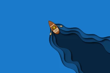 abstrakter Hintergrund, der das Boot durch das Wasser rudert, Papierschnittschleim, klassischer blauer Pantone © Abi Afandi