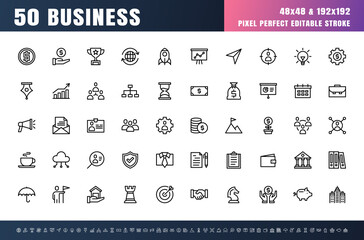 Fototapeta na wymiar Vector of 50 Business and Financial Line Outline Icon Set. 48x48 Pixel Perfect Editable Stroke.