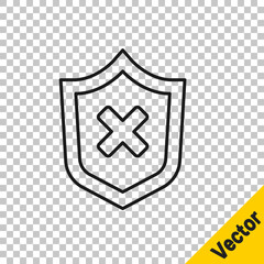 Black line Shield with cross mark icon isolated on transparent background. Shield and rejected. Notice of refusal. Vector.