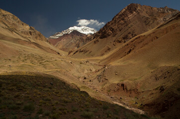 Seven summits. Mountaineering. Dramatic view of the highest peak in America, mountain Aconcagua. 