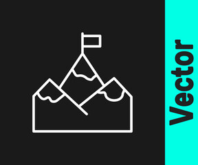 White line Mountains with flag on top icon isolated on black background. Symbol of victory or success concept. Goal achievement. Vector.