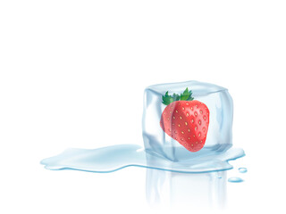 strawberry in a melted ice cube