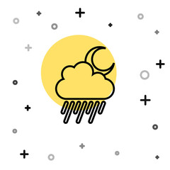 Black line Cloud with rain and moon icon isolated on white background. Rain cloud precipitation with rain drops. Random dynamic shapes. Vector.