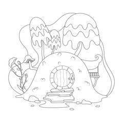 fairy-tale forest house on a hill. Children's coloring book. Vector