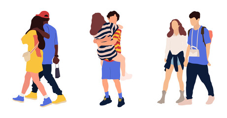 Happy romantic couples walking together.  Flat cartoon characters isolated on white background. Colorful vector illustration.