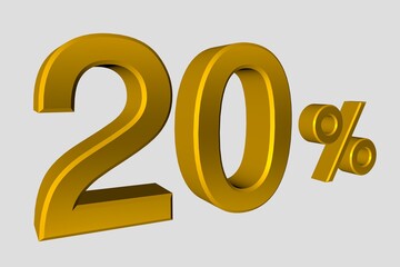 The inscription is 20% of realistic 3D numbers in gold metalic color. Illustration of a twenty percent discount or sale for advertising poster, banner advertising and more. 3d rendering, isolated