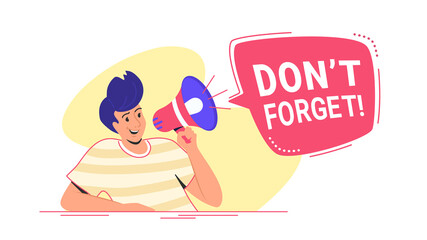 Do not forget something important loudspeaker banner to remind it a community. Flat line vector illustration of cute man sitting alone and shouting with red megaphone. Announcement or alert on white