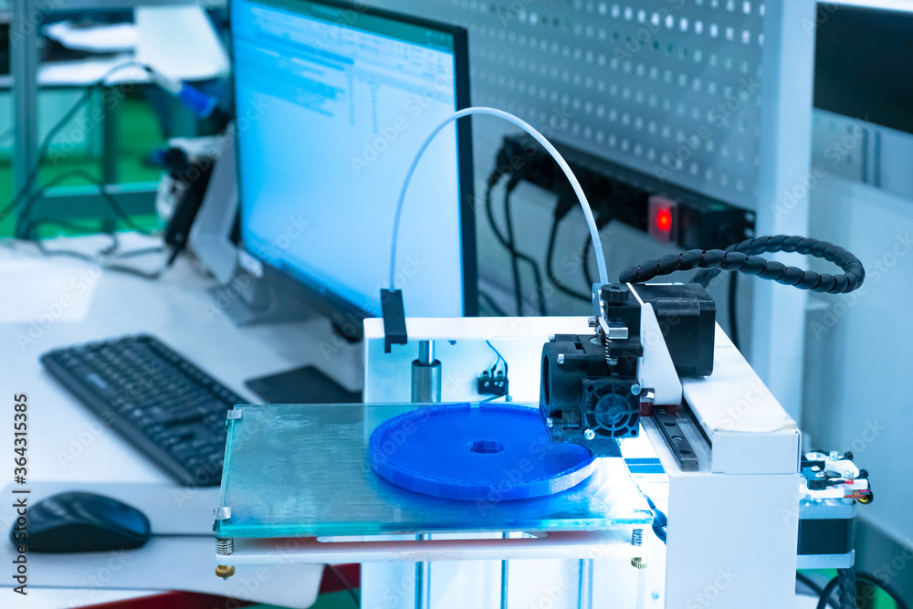 Poster modern printing technologies. 3d printer on a computer background. printing three-dimensional object