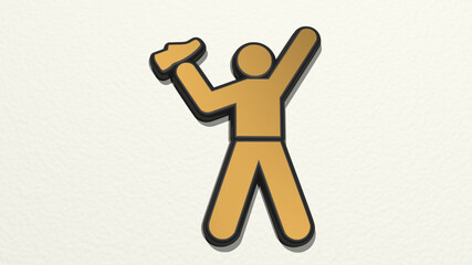 MAN WITH A SHOE on the wall. 3D illustration of metallic sculpture over a white background with mild texture. shoes and fashion