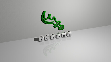 3D graphical image of SCYTHE vertically along with text built by metallic cubic letters from the top perspective, excellent for the concept presentation and slideshows. illustration and death