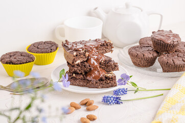 Chocolate biscuits with chocolate on a white background. Homemade desserts.