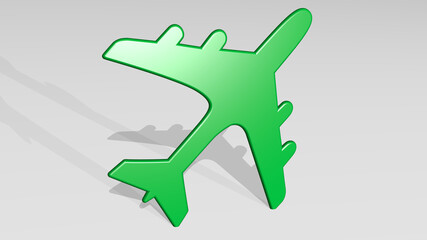 air plane from a perspective with the shadow. A thick sculpture made of metallic materials of 3D rendering. background and illustration