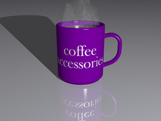 coffee mug with the 3D illustration of coffee accessories on a mirroring floor with a simple background, excellent picture for editorial and commercial use. cup and cafe