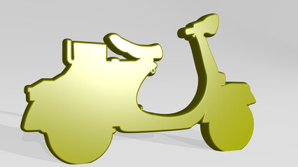 SCOOTER MOTORCYCLE stand with shadow. 3D illustration of metallic sculpture over a white background with mild texture. electric and city
