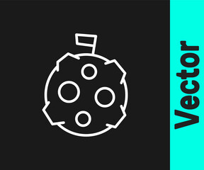 White line Moon with flag icon isolated on black background. Vector.