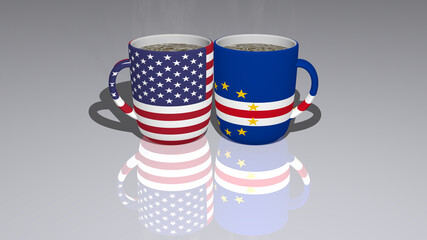 Fototapeta premium UNITED-STATES-OF-AMERICA CAPE-VERDE placed on a cup of hot coffee in a 3D illustration mirrored on the floor with a realistic perspective and shadows