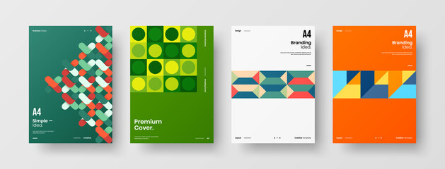 Fototapeta premium Company identity brochure template collection. Business presentation vector A4 vertical orientation front page mock up set. Corporate report cover abstract geometric illustration design layout bundle.