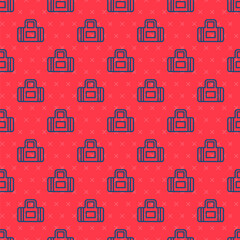 Blue line Sport bag icon isolated seamless pattern on red background. Vector.