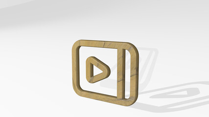 video player smartphone horizontal casting shadow with two lights. 3D illustration of metallic sculpture over a white background with mild texture. camera and icon