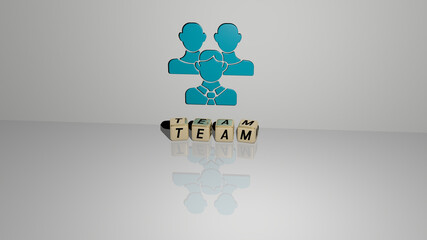3D representation of team with icon on the wall and text arranged by metallic cubic letters on a mirror floor for concept meaning and slideshow presentation. business and illustration