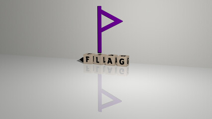 3D illustration of FLAG graphics and text made by metallic dice letters for the related meanings of the concept and presentations. background and country