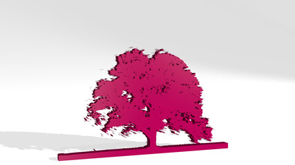 TREE from a perspective on the wall. A thick sculpture made of metallic materials of 3D rendering. background and christmas