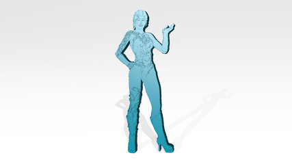 woman in high heel boots made by 3D illustration of a shiny metallic sculpture on a wall with light background. beautiful and young