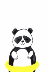 watercolor illustration of a black and white Panda in a yellow lifebuoy isolated on a white background