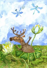 watercolor comical illustration of a funny moose with bulging eyes and outstretched arms floating and sinking in a swamp among water lilies 