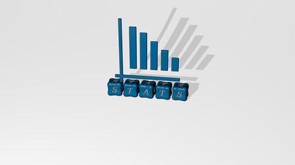 3D representation of stats with icon on the wall and text arranged by metallic cubic letters on a mirror floor for concept meaning and slideshow presentation. business and illustration