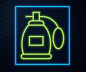 Glowing neon line Perfume icon isolated on brick wall background. Vector.