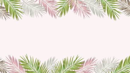 Tropical border with watercolor palm leaves in pastel colors.