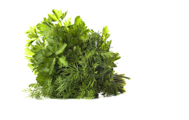 Bunch of dill and parsley isolated on a white background.