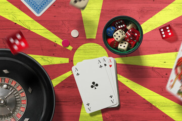Macedonia casino theme. Aces in poker game, cards and chips on red table with national flag background. Gambling and betting.
