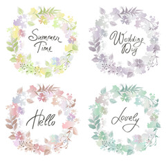 Set of watercolor floral wreath with different lettering inscriptions. Design elements.