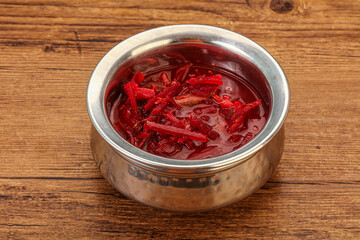 Russian traditional Borsch soup with cabbage