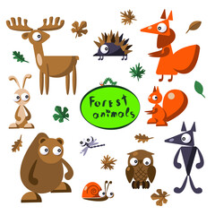 Set of forest animal in cute cartoon style: elk, fox, hedgehog, hare, bear, wolf, owl, squirrel, dragonfly and snail. Vector illustration.