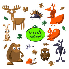 Fototapeta premium Set of forest animal in cute cartoon style: elk, fox, hedgehog, hare, bear, wolf, owl, squirrel, dragonfly and snail. Vector illustration.