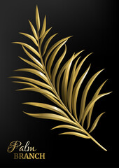 Golden palm branch on black background. Vector illustration