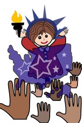 animated crowned girl in red dress raised arm with torch in front of  supportive voting hands on translucent blue background with stars 