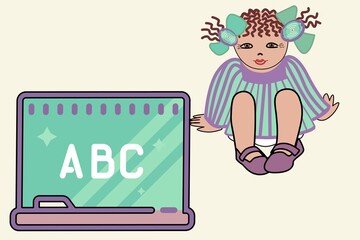 cartoon child girl in diaper in front of monitor with alphabet letters