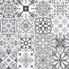 Set of tiles background in portuguese style in grey. Mosaic pattern for ceramic in dutch, portuguese, spanish, italian style.