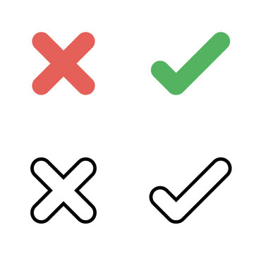 Icono de incorrecto y correcto. Elementos gr&aacute;ficos. Ilustraci&oacute;n vectorial aislada en fondo blanco x y visto. Bien y mal, no y si, positivo y negativo