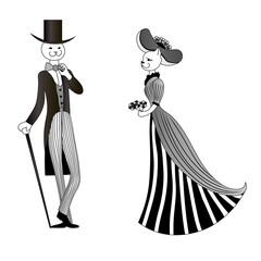 Cat in elegant clothing with cat-woman. Vector contour black illustration